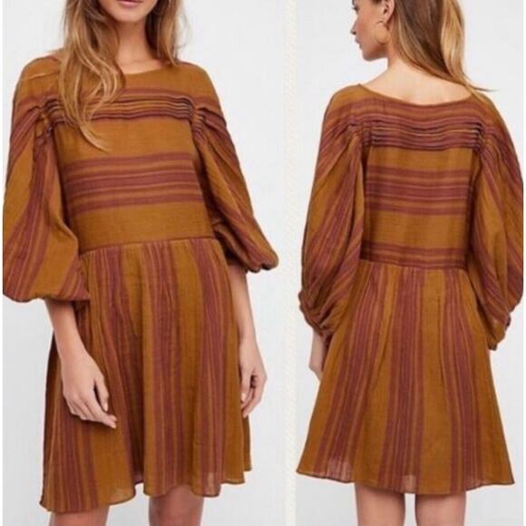 Free People Dresses & Skirts - Free People Boho Gauze Cotton Brown‎ Burgundy Striped Lilly Mini Dress Size XS